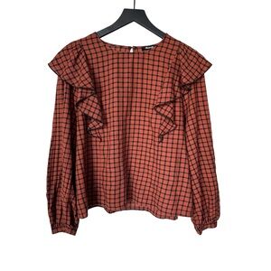 MADEWELL• Long Sleeve Rust plaid ruffle top